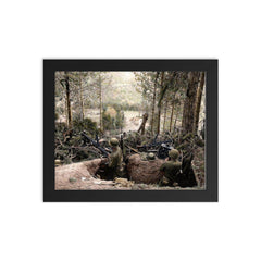 American Troops Man a Machine Gun in a Captured German Position, Battle of Hurtgen Forest 1944 framed print on a plain backdrop in size 8"x10".