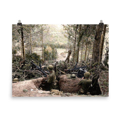 American Troops Man a Machine Gun in a Captured German Position, Battle of Hurtgen Forest 1944 poster on a plain backdrop in size 8"x10".