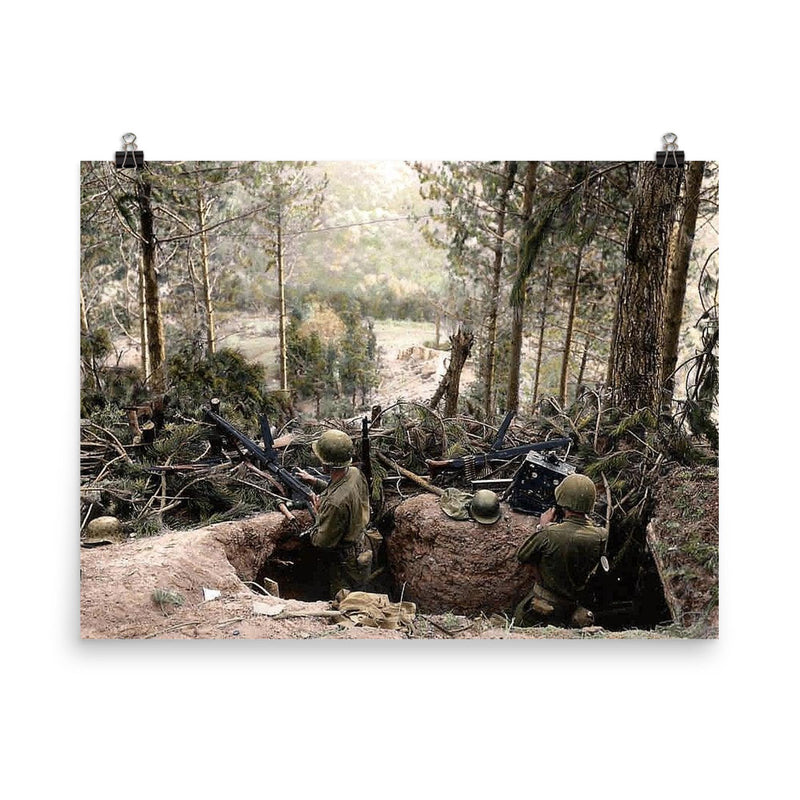 American Troops Man a Machine Gun in a Captured German Position, Battle of Hurtgen Forest 1944 poster on a plain backdrop in size 8