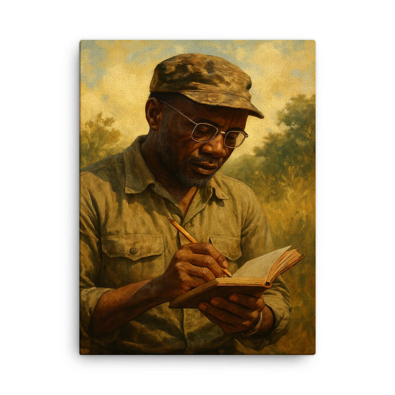 Amilcar Cabral with field notebook canvas print on a plain backdrop in size 18