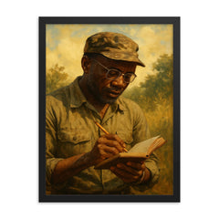 Amilcar Cabral with field notebook framed print on a plain backdrop in size 18"x24".