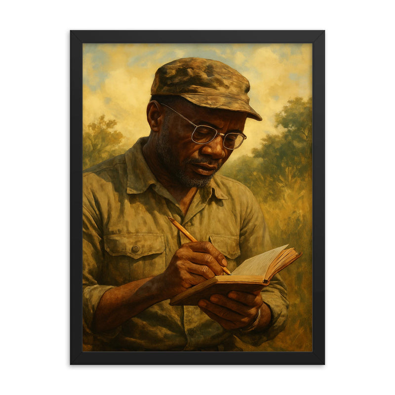 Amilcar Cabral with field notebook framed print on a plain backdrop in size 18