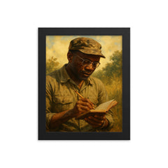 Amilcar Cabral with field notebook framed print on a plain backdrop in size 8"x10".