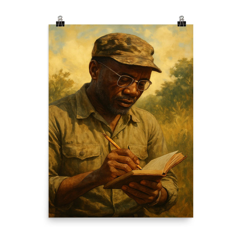 Amilcar Cabral with field notebook poster on a plain backdrop in size 8