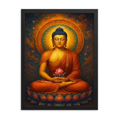 Amitabha Buddha framed print on a plain backdrop in size 18"x24".