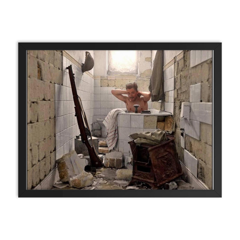 An Allied Soldier Bathing in Tobruk, Libya, 17 February 1942 framed print on a plain backdrop in size 18