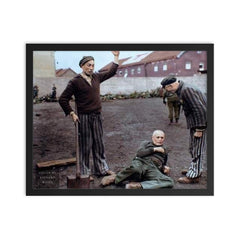 An American Soldier Observing Dachau Prisoners Preparing to Execute an SS Guard, April 29, 1945 framed print on a plain backdrop in size 16"x20".