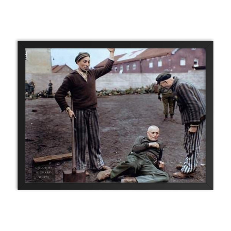 An American Soldier Observing Dachau Prisoners Preparing to Execute an SS Guard, April 29, 1945 framed print on a plain backdrop in size 18