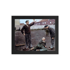 An American Soldier Observing Dachau Prisoners Preparing to Execute an SS Guard, April 29, 1945 framed print on a plain backdrop in size 8"x10".