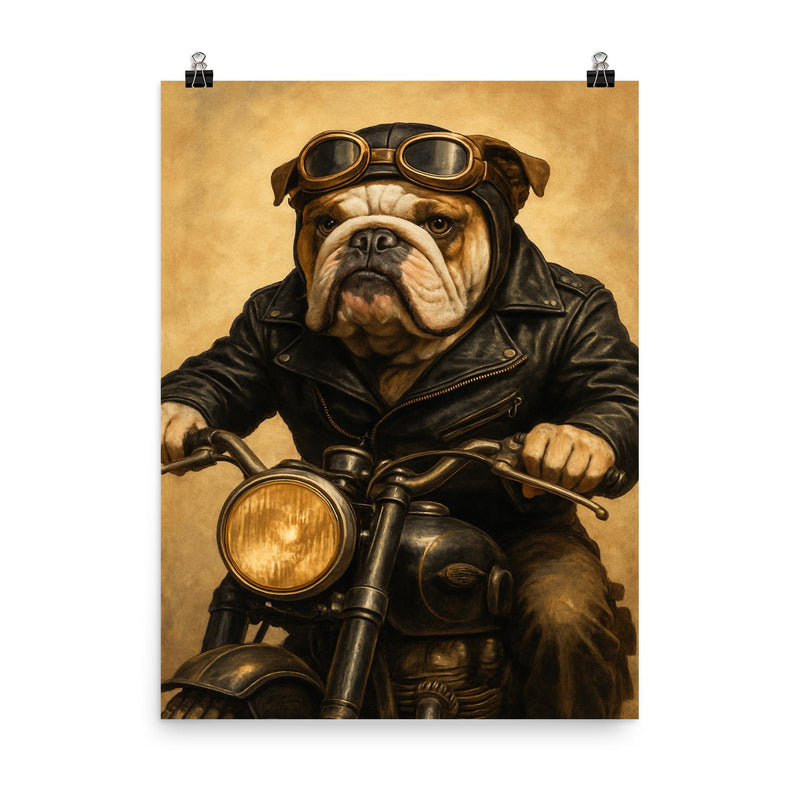 An English Bulldog in a leather jacket and goggles riding a vintage motorcycle poster on a plain backdrop in size 8