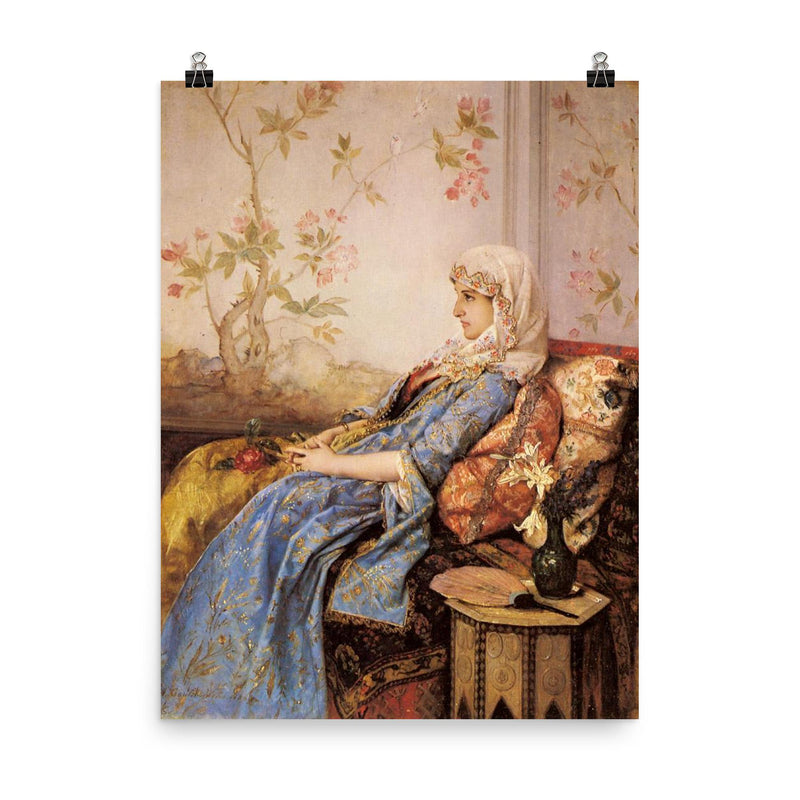 An Exotic Beauty in an Interior by Auguste Toulmouche, 1883 poster on a plain backdrop in size 8