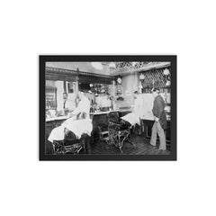 An interior view of a New York City barbershop, 1895 framed print on a plain backdrop in size 12"x16".