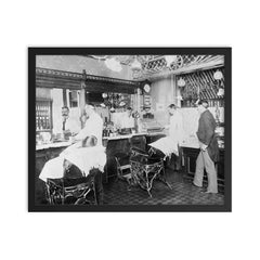 An interior view of a New York City barbershop, 1895 framed print on a plain backdrop in size 16"x20".