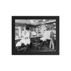 An interior view of a New York City barbershop, 1895 framed print on a plain backdrop in size 8"x10".