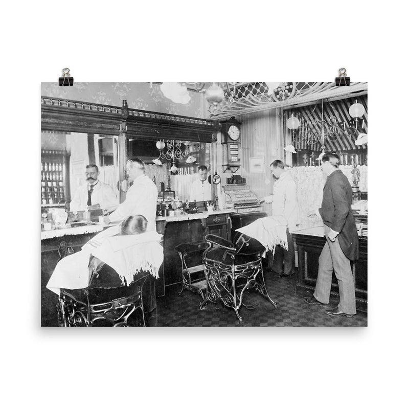 An interior view of a New York City barbershop, 1895 poster on a plain backdrop in size 8