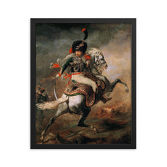 An Officer of the Imperial Horse Guards Charging by Théodore Géricault, 1812 framed print on a plain backdrop in size 16"x20".