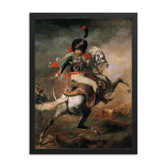 An Officer of the Imperial Horse Guards Charging by Théodore Géricault, 1812 framed print on a plain backdrop in size 18"x24".