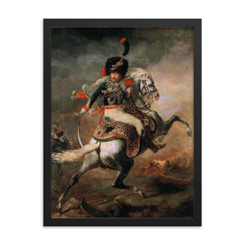 An Officer of the Imperial Horse Guards Charging by Théodore Géricault, 1812 framed print on a plain backdrop in size 18