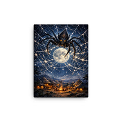 Anansi weaving star web over moonlit village canvas print on a plain backdrop in size 12"x16".