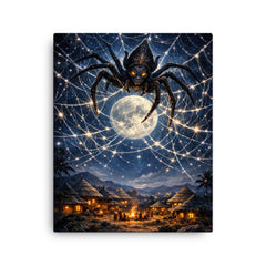 Anansi weaving star web over moonlit village canvas print on a plain backdrop in size 16"x20".