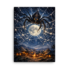 Anansi weaving star web over moonlit village canvas print on a plain backdrop in size 18"x24".