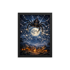 Anansi weaving star web over moonlit village framed print on a plain backdrop in size 12"x16".