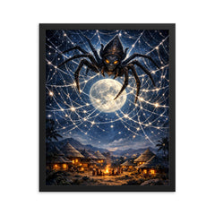 Anansi weaving star web over moonlit village framed print on a plain backdrop in size 16"x20".