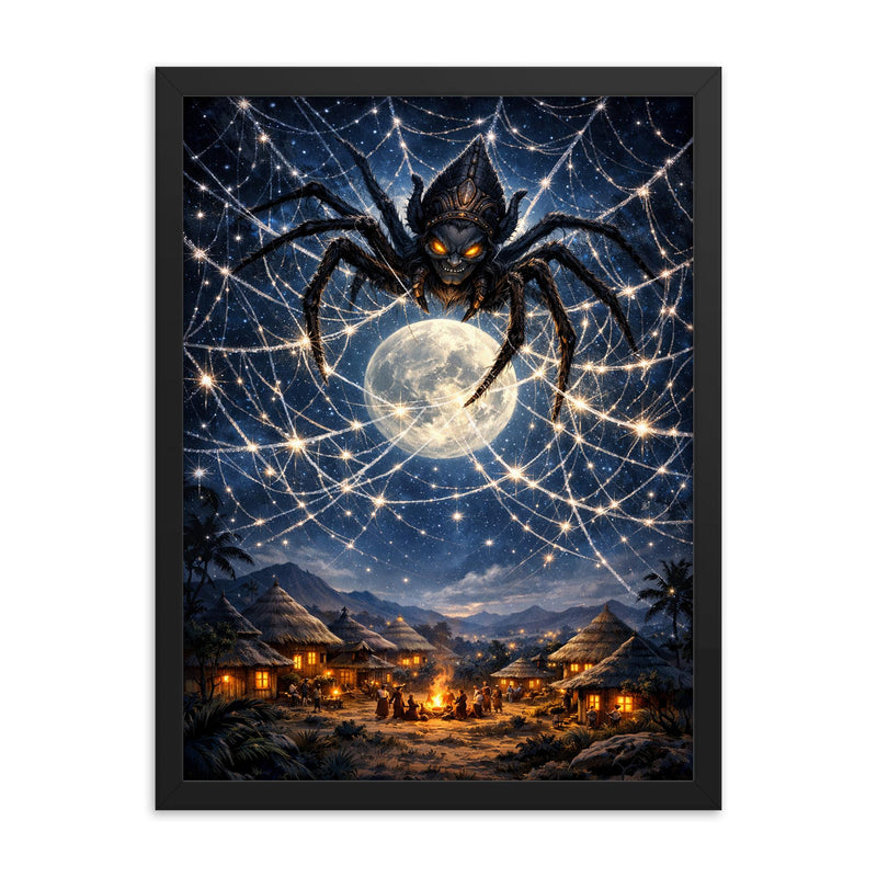 Anansi weaving star web over moonlit village framed print on a plain backdrop in size 18