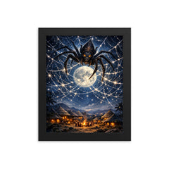 Anansi weaving star web over moonlit village framed print on a plain backdrop in size 8"x10".