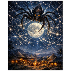 Anansi weaving star web over moonlit village jigsaw puzzle