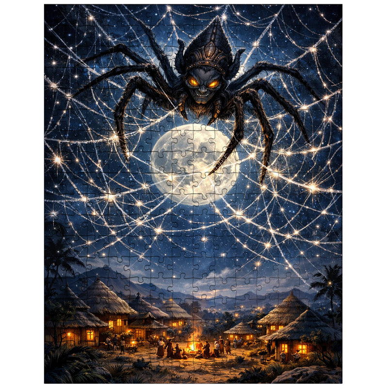Anansi weaving star web over moonlit village jigsaw puzzle