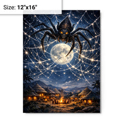 Anansi weaving star web over moonlit village metal print on a plain backdrop in size 12"x16".