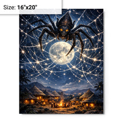 Anansi weaving star web over moonlit village metal print on a plain backdrop in size 16"x20".