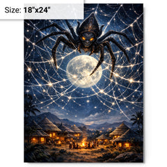 Anansi weaving star web over moonlit village metal print on a plain backdrop in size 18"x24".