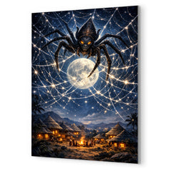 Anansi weaving star web over moonlit village metal print mockup