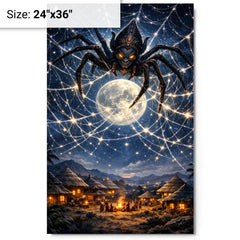 Anansi weaving star web over moonlit village metal print on a plain backdrop in size 24"x36".