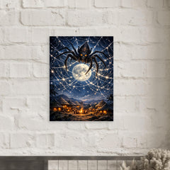 Anansi weaving star web over moonlit village metal print mockup