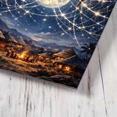 Anansi weaving star web over moonlit village metal print mockup