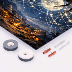 Anansi weaving star web over moonlit village metal print mockup