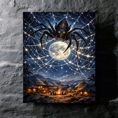 Anansi weaving star web over moonlit village metal print mockup