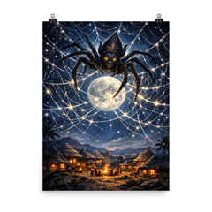 Anansi weaving star web over moonlit village poster on a plain backdrop in size 8"x10".