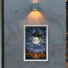 Anansi weaving star web over moonlit village poster 2