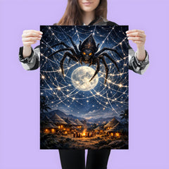 Anansi weaving star web over moonlit village poster 3