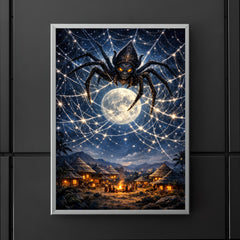 Anansi weaving star web over moonlit village poster 5