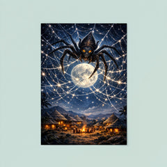 Anansi weaving star web over moonlit village poster 8