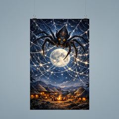 Anansi weaving star web over moonlit village poster 9