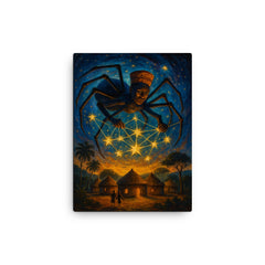 Anansi weaving stars above West African village canvas print on a plain backdrop in size 12"x16".