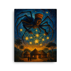 Anansi weaving stars above West African village canvas print on a plain backdrop in size 16"x20".