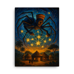 Anansi weaving stars above West African village canvas print on a plain backdrop in size 18"x24".