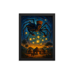 Anansi weaving stars above West African village framed print on a plain backdrop in size 12"x16".